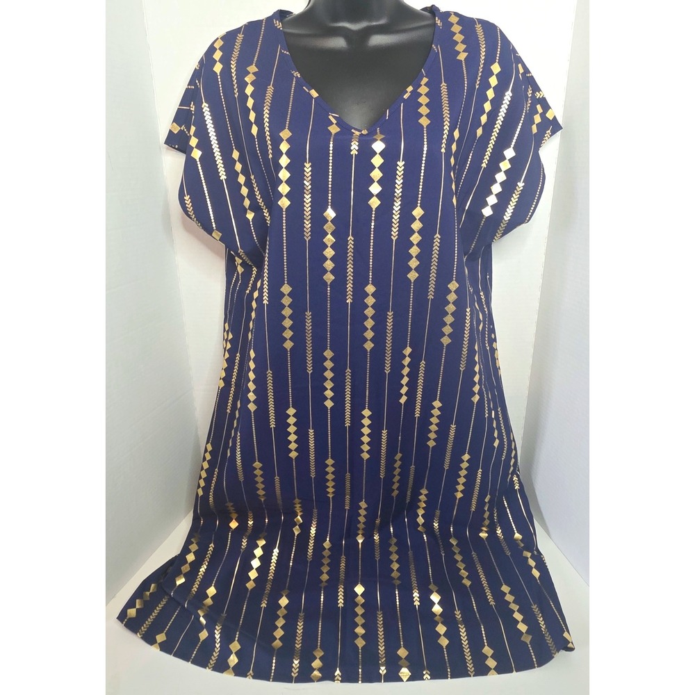 Emery Rose‎ Navy Blue Gold Metallic Foil Geometric V-Neck Shift Dress Large